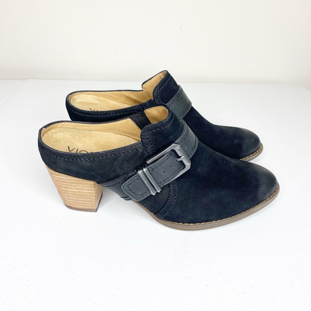 Vionic Cheyenne Mules Block Heel Leather Buckle Booties Black Size 7